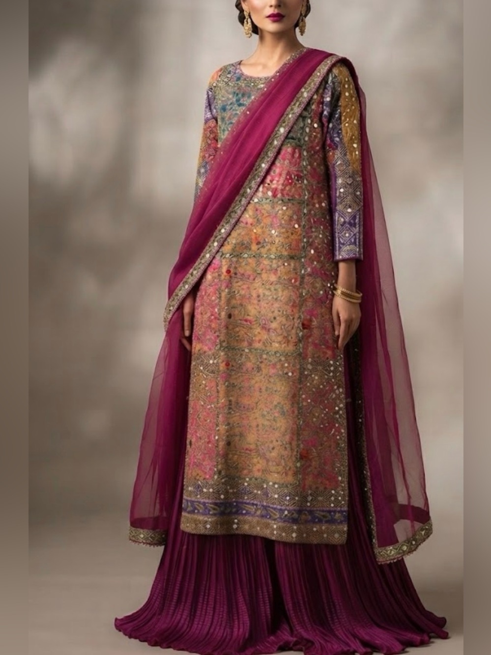 Custom Made Pakistani 3-Piece Patchwork Mirror Work Kurta Harris shakeel inspo.